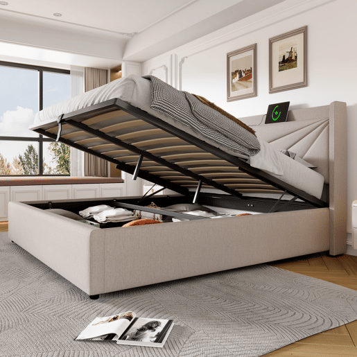 Cama contentora em tecido de linho 160x200 cm - com porta USB e estrado - Bege