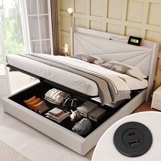 Cama contentora em tecido de linho 160x200 cm - com porta USB e estrado - Bege