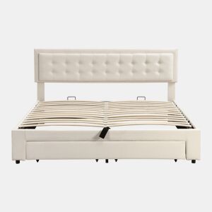 Cama contentor estofada em veludo 160x200cm - com gaveta e estrado de molas - Bege (sem colchão)