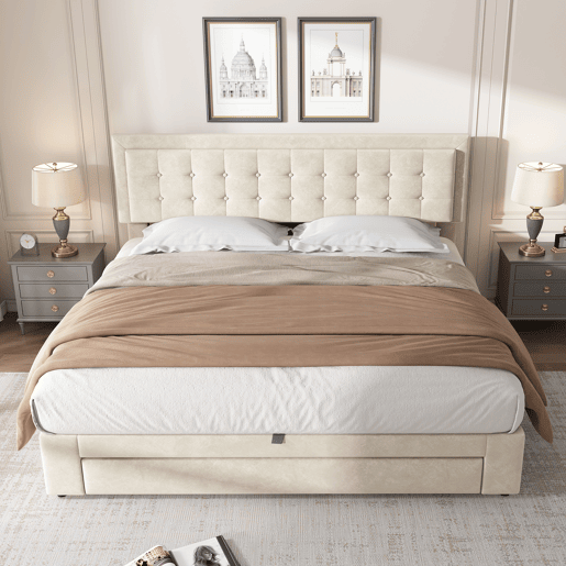 Cama contentor estofada em veludo 160x200cm - com gaveta e estrado de molas - Bege (sem colchão)