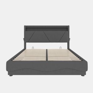 Cama estofada 160x200 cm - Cabeceira com LED, armazenamento adicional, base silenciosa, portas USB certificadas - Cinza