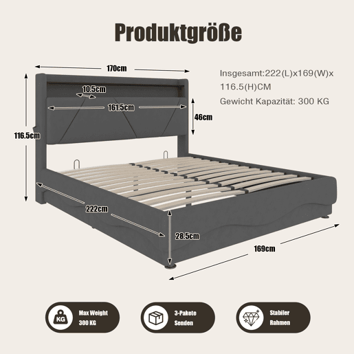 Cama estofada 160x200 cm - Cabeceira com LED, armazenamento adicional, base silenciosa, portas USB certificadas - Cinza
