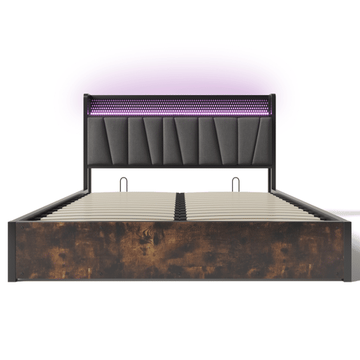 Cama metálica 160x200cm - Com função de carregamento USB, cabeceira com arrumação, iluminação LED - Cinza