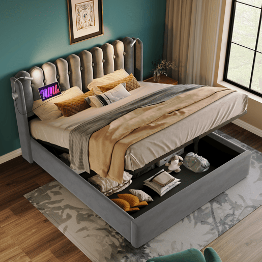 Cama estofada 140x200 - Leselicht com carregamento, cabeceira com arrumação, cama juvenil em veludo - Cinza