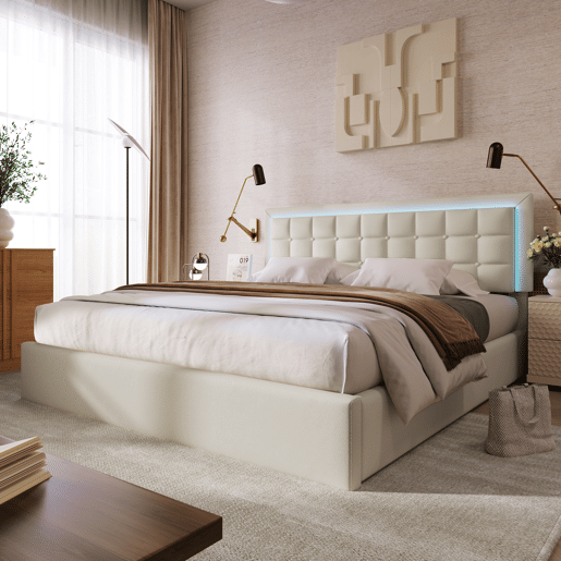 Cama estofada 140x200 - Com base em madeira e arrumação, com faixa de luz LED - Branca