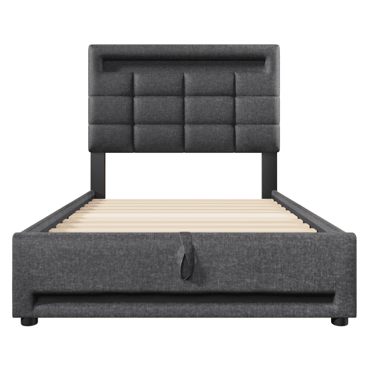 Cama estofada 90x200cm - Com comando remoto APP, com luzes LED, armazenamento hidráulico, com porta USB - Cinza