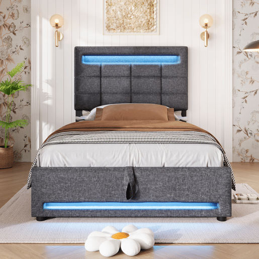 Cama estofada 90x200cm - Com comando remoto APP, com luzes LED, armazenamento hidráulico, com porta USB - Cinza