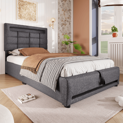 Cama estofada 90x200cm - Com comando remoto APP, com luzes LED, armazenamento hidráulico, com porta USB - Cinza