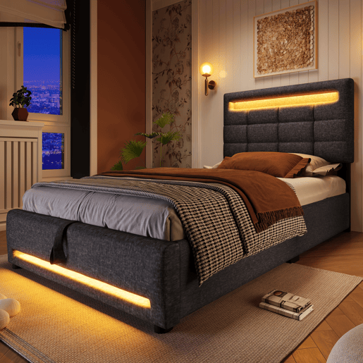 Cama estofada 90x200cm - Com comando remoto APP, com luzes LED, armazenamento hidráulico, com porta USB - Cinza
