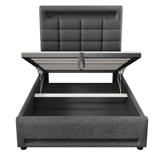 Cama estofada 90x200cm - Com comando remoto APP, com luzes LED, armazenamento hidráulico, com porta USB - Cinza