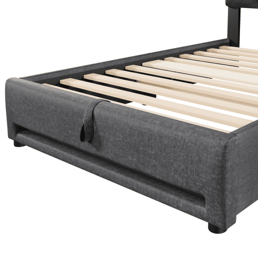 Cama estofada 90x200cm - Com comando remoto APP, com luzes LED, armazenamento hidráulico, com porta USB - Cinza