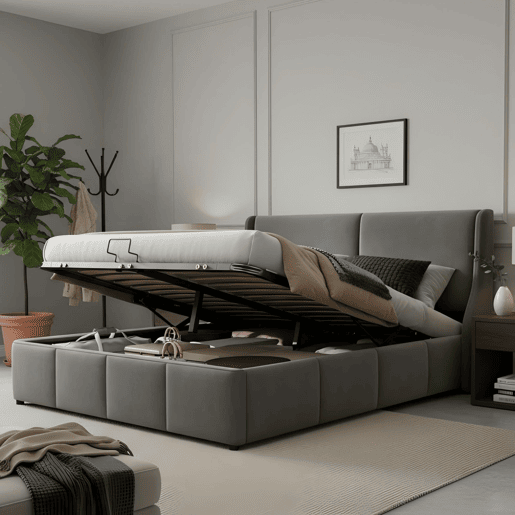 Cama para arrumação estofada 140x200cm em veludo - cama para arrumação com estrado de ripas - Cinzento