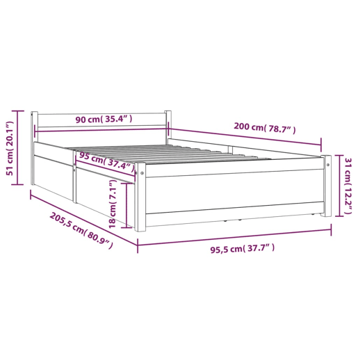 Estrutura de cama de solteiro para adultos com gavetas 90x200 cm