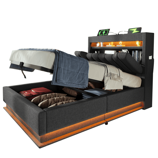 Cama estofada 90x200 cm - Cabeceira com arrumação, portas USB e tipo C, iluminação LED, arrumação hidráulica - Cinza