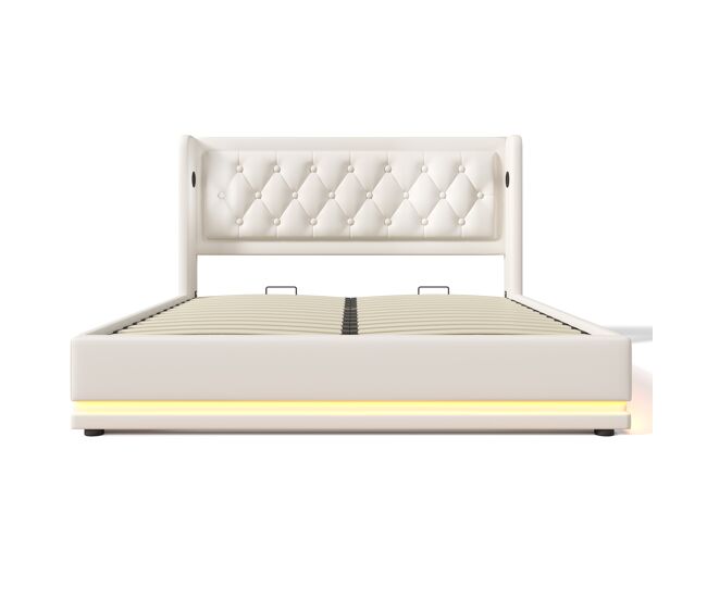 Cama tapizada 160*200 cm - material pu, cama con almacenamiento hidráulico, cabecero acolchado con carga usb tipo-c, función led de 3 lados - blanco