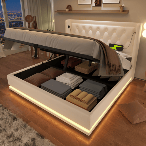 Cama estofada 160*200 cm - Material PU, Cama com arrumação hidráulica, Cabeceira acolchoada com carregador USB Tipo-C, Função LED em 3 lados - Branco