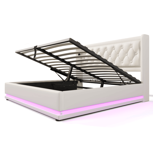 Cama estofada 160*200 cm - Material PU, Cama com arrumação hidráulica, Cabeceira acolchoada com carregador USB Tipo-C, Função LED em 3 lados - Branco