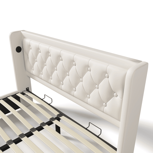 Cama estofada 160*200 cm - Material PU, Cama com arrumação hidráulica, Cabeceira acolchoada com carregador USB Tipo-C, Função LED em 3 lados - Branco