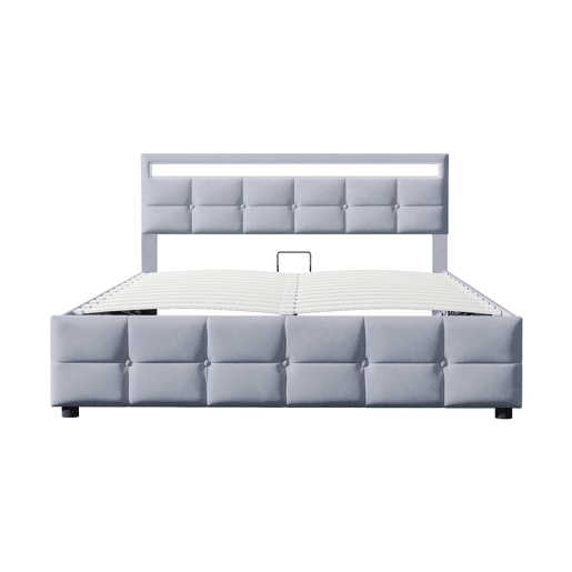 Cama estofada 180x200 cm - LED, base, cama hidráulica, tecido de veludo holandês - Cinza
