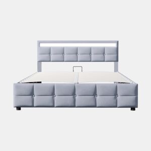 Cama estofada 180x200 cm - LED, base, cama hidráulica, tecido de veludo holandês - Cinza