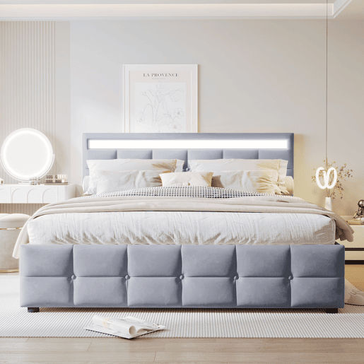 Cama estofada 180x200 cm - LED, base, cama hidráulica, tecido de veludo holandês - Cinza