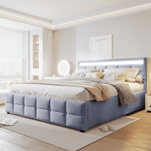 Cama estofada 180x200 cm - LED, base, cama hidráulica, tecido de veludo holandês - Cinza