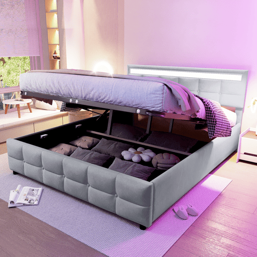 Cama estofada 180x200 cm - LED, base, cama hidráulica, tecido de veludo holandês - Cinza