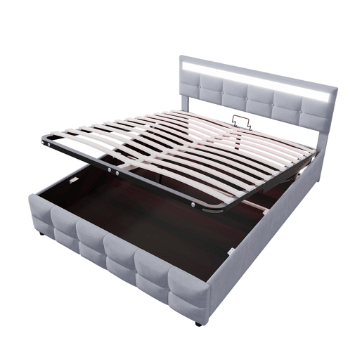 Cama estofada 180x200 cm - LED, base, cama hidráulica, tecido de veludo holandês - Cinza