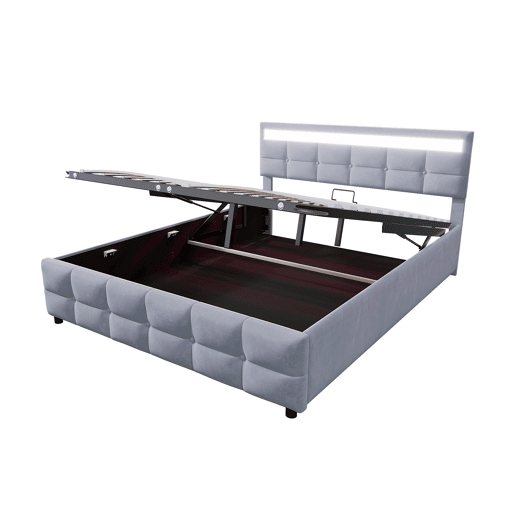 Cama estofada 180x200 cm - LED, base, cama hidráulica, tecido de veludo holandês - Cinza