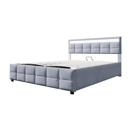 Cama estofada 180x200 cm - LED, base, cama hidráulica, tecido de veludo holandês - Cinza