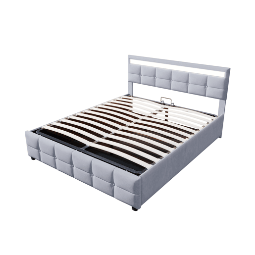 Cama estofada 180x200 cm - LED, base, cama hidráulica, tecido de veludo holandês - Cinza