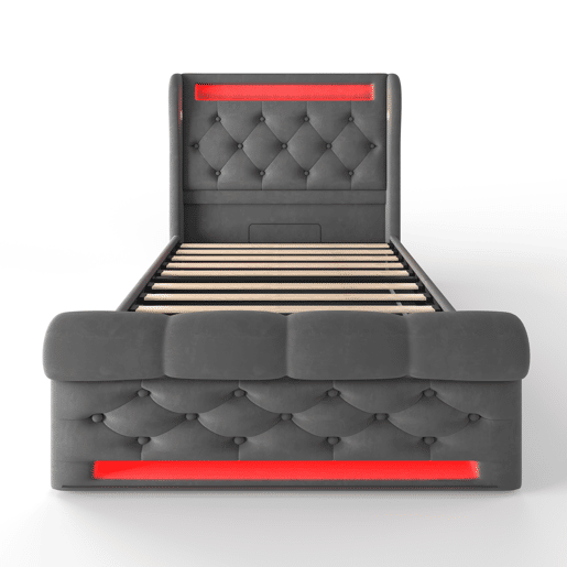 Cama estofada individual 90x200cm - Cama com luzes LED, cabeceira com arrumação e portas USB e Tipo-C, cama hidráulica - Cinza