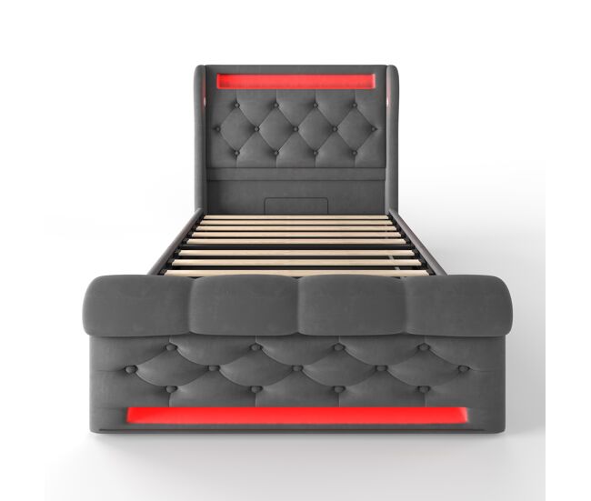 Cama tapizada individual 90x200cm - cama con luces led, cabecero con almacenamiento y puertos usb y tipo-c, cama hidráulica - gris