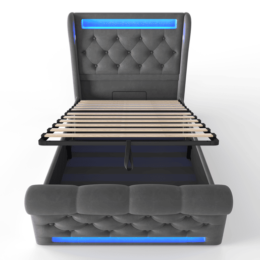 Cama estofada individual 90x200cm - Cama com luzes LED, cabeceira com arrumação e portas USB e Tipo-C, cama hidráulica - Cinza