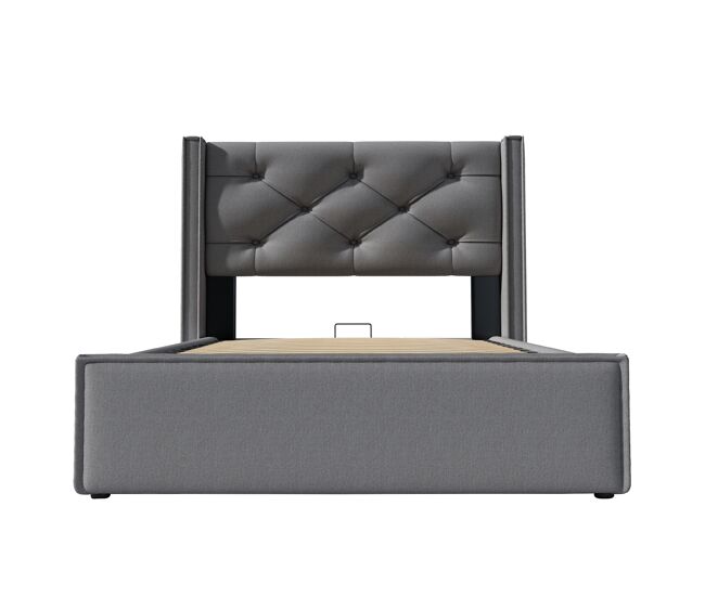 Cama individual hidráulica 90x200 - tapizada con almacenamiento y somier metálico - gris