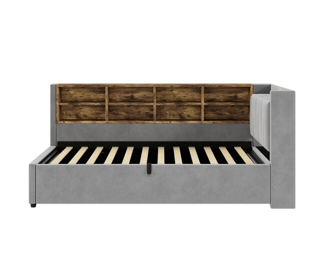 Sofá cama 90x200 cm - con almacenamiento hidráulico, luz nocturna, puertos usb y type-c, estantes y compartimentos, cabecero acolchado, cama