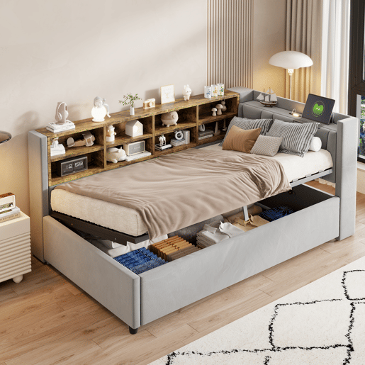 Sofá-cama 90x200 cm - Com armazenamento hidráulico, luz noturna, portas USB e Type-C, prateleiras e compartimentos, cabeceira acolchoada, cama multifuncional - Cinza claro