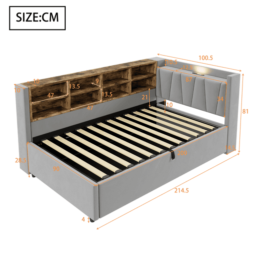 Sofá-cama 90x200 cm - Com armazenamento hidráulico, luz noturna, portas USB e Type-C, prateleiras e compartimentos, cabeceira acolchoada, cama multifuncional - Cinza claro