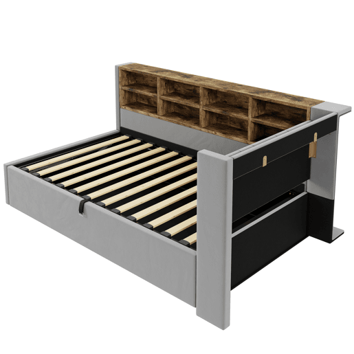Sofá-cama 90x200 cm - Com armazenamento hidráulico, luz noturna, portas USB e Type-C, prateleiras e compartimentos, cabeceira acolchoada, cama multifuncional - Cinza claro