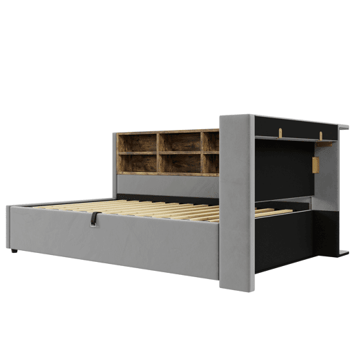 Sofá-cama 90x200 cm - Com armazenamento hidráulico, luz noturna, portas USB e Type-C, prateleiras e compartimentos, cabeceira acolchoada, cama multifuncional - Cinza claro