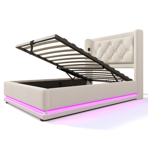 Cama individual estofada 90*200 cm - com armazenamento hidráulico, cabeceira acolchoada, LED em 3 lados e carregamento USB Tipo-C - Bege