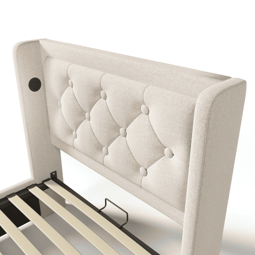 Cama individual estofada 90*200 cm - com armazenamento hidráulico, cabeceira acolchoada, LED em 3 lados e carregamento USB Tipo-C - Bege