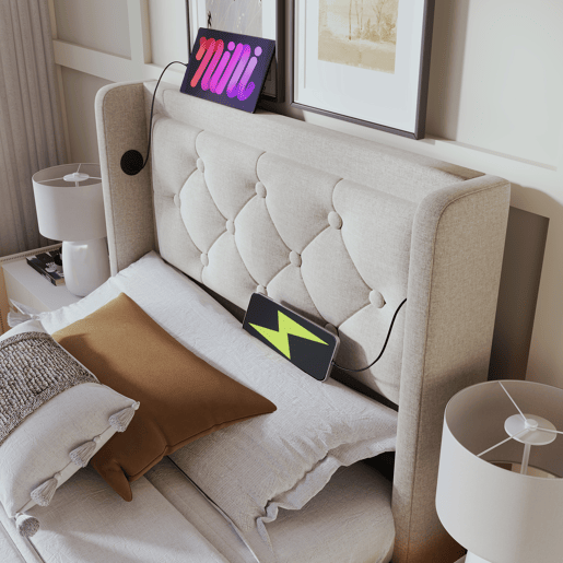 Cama individual estofada 90*200 cm - com armazenamento hidráulico, cabeceira acolchoada, LED em 3 lados e carregamento USB Tipo-C - Bege