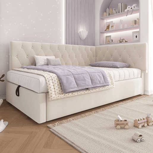 Cama individual 90x200 cm - Sofá-cama com armazenamento hidráulico, com estrado de ripas de madeira, veludo, bege