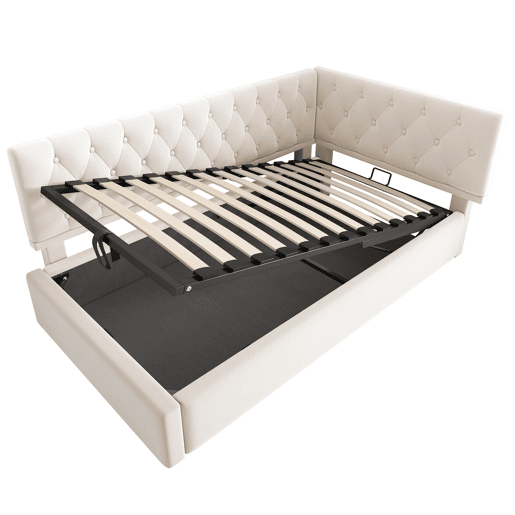 Cama individual 90x200 cm - Sofá-cama com armazenamento hidráulico, com estrado de ripas de madeira, veludo, bege
