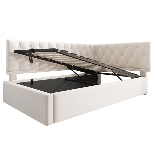 Cama individual 90x200 cm - Sofá-cama com armazenamento hidráulico, com estrado de ripas de madeira, veludo, bege
