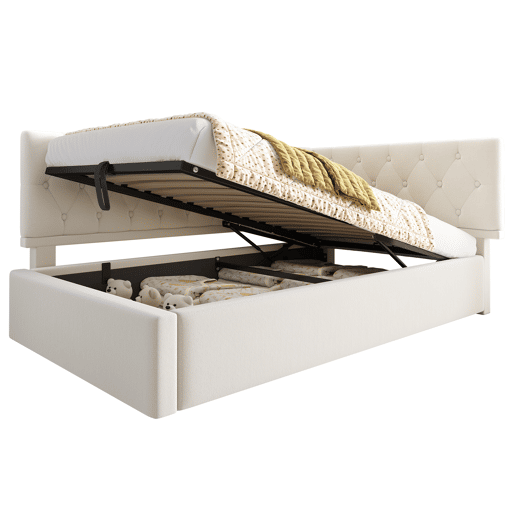 Cama individual 90x200 cm - Sofá-cama com armazenamento hidráulico, com estrado de ripas de madeira, veludo, bege