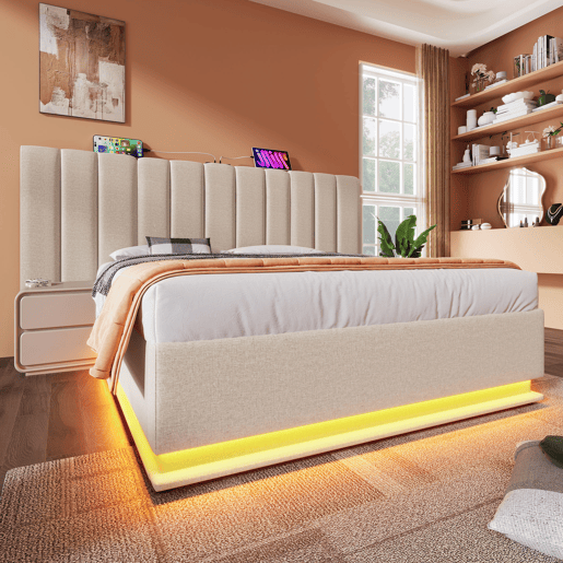 Cama estofada 160x200 - arrumação, LED com controlo por aplicação e USB-C - Bege
