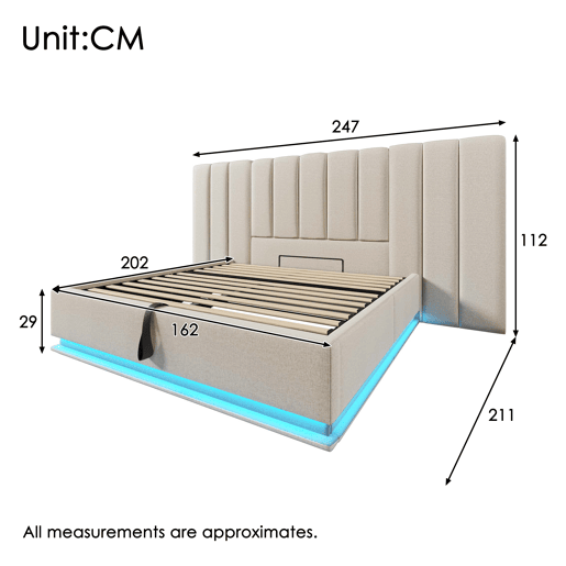 Cama estofada 160x200 - arrumação, LED com controlo por aplicação e USB-C - Bege