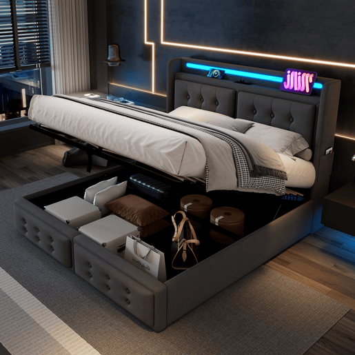 Cama de casal estofada 140x200 - cabeceira LED, função de carregamento USB C, hidráulica, estrado de madeira e metal, 300 kg - Cinza